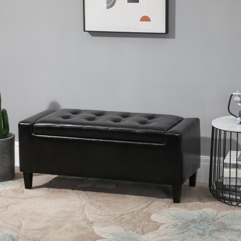HOMCOM PU Leather Storage Ottoman Bench Storage Chest Tufted Ottoman Cube w/ Flipping Top 92L x 40W x 40H cm
