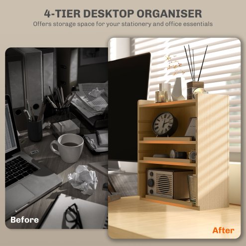 HOMCOM 4-Tier Desk Organiser, Multifunctional Assembled Desktop Organiser with Adjustable Shelves and Cable Management for Stationery, Office Supplies, Paper, Oak Tone