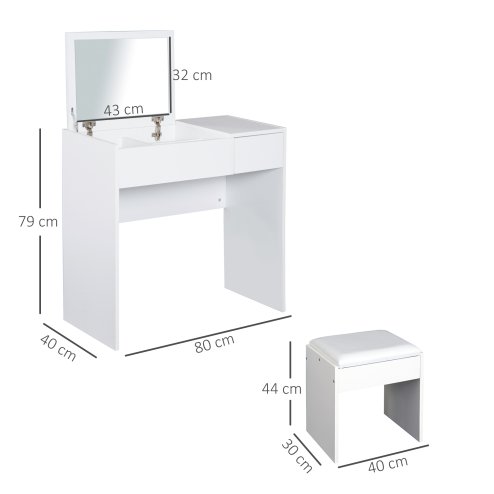 HOMCOM Dressing Table with Flip-Up Mirror and Cushioned Stool, Makeup Vanity Desk with Hidden Compartments and Storage Drawer, Convertible Writing Table for Bedroom, White