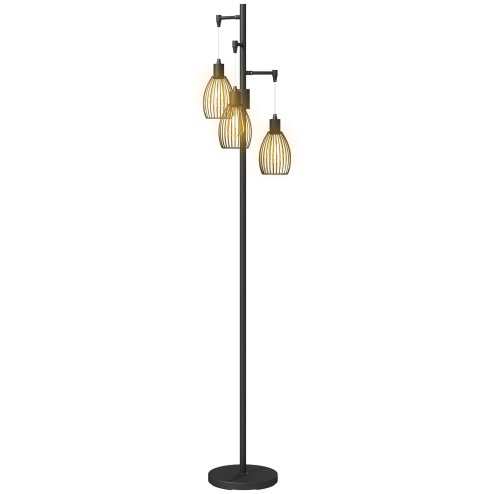 HOMCOM 3-Light LED Floor Lamp, 170cm Industrial Dimmable Standing Lamp with Steel Wire Cage Lampshades, 2700K for Living Room, Bedroom, Dining Room, Study, Black