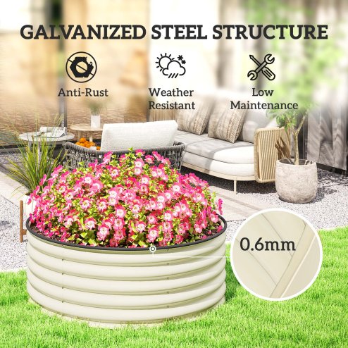 Outsunny Galvanised Raised Garden Bed with Safety Edging, Outdoor Raised Planter Box with Gloves and Open Bottom, Metal Raised Bed for Flowers, Vegetables and Herbs, 120 x 120 x 43cm, Cream White