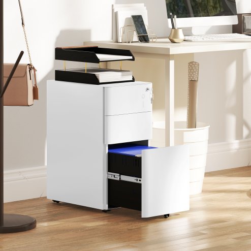 Vinsetto 3-Drawer Mobile Filing Cabinet, Steel Lockable File Cabinet for A4, Legal, Letter, Compact Under Desk Storage Unit with Pre-Assembled Body for Home Office, 30 x 45 x 59cm, White