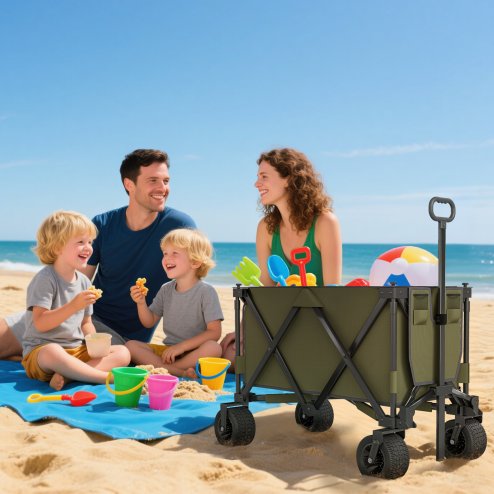 Outsunny Folding Garden Trolley, Cargo Traile on Wheels, Collapsible Camping Trolley, Outdoor Utility Wagon with Steel Frame and Oxford Fabric, Green