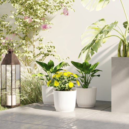 Outsunny Set of 3 Plastic Round Plant Pots Outdoor 22cm, Garden Planters, Flower Pots for Garden Decoration, Patios, Indoor, Outdoor, Home, White