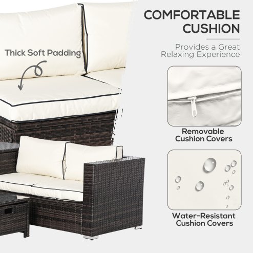 Outsunny 4 Pieces Rattan Garden Furniture Set, 4 Seater Corner Sofa Set with Storage Box, 2 Drawers Coffee Table, Loveseats with Cushions, Wicker Garden Conservatory Furniture for Balcony, Brown