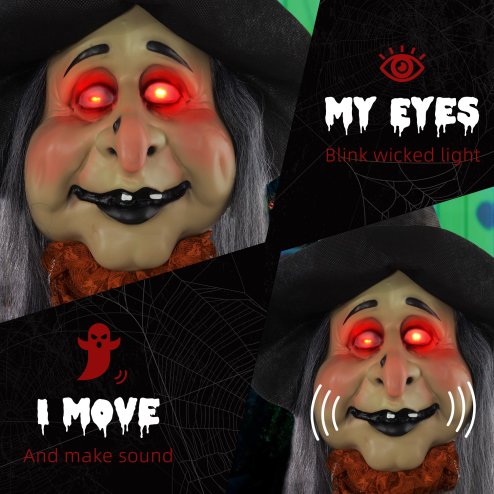 HOMCOM 183 cm Life Size Halloween Animated Standing Fat-Faced Witch with Red Light Up Eyes, Sound Activated Moving Arms & Head, Scary Witch Halloween Decorations, Battery Operated, Indoor Party Props