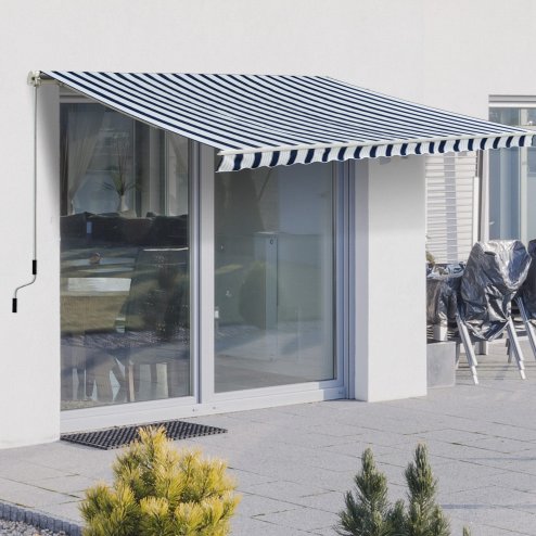 Outsunny 3.5 x 2.5m Garden Patio Retractable Manual Awning Canopy, Adjustable Sun Shade Shelter with New Winding Handle - Blue/White
