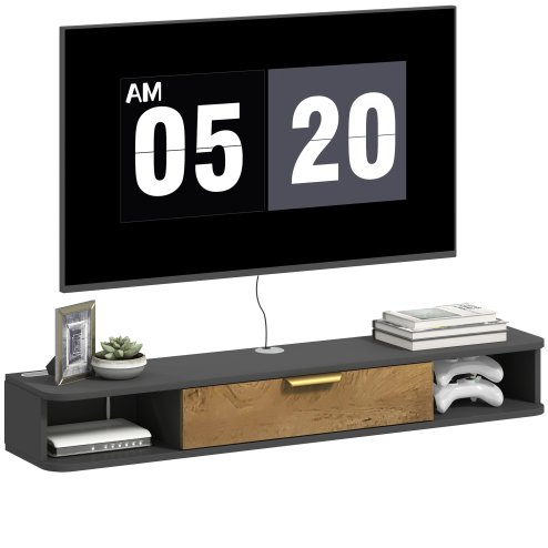 HOMCOM 120 cm Floating TV Stand Cabinet, Wall Mounted TV Cabinet with Open Compartments and Flip Door, Modern Entertainment Media Console for Living Room, Charcoal Grey
