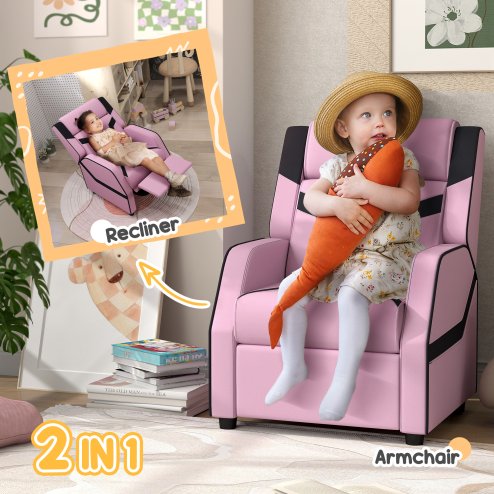 AIYAPLAY Kids Recliner, 2 in 1 Toddler Gaming Recliner with Backrest, Armrest, Footrest, PU Leather Lounge Armchair for Playroom, Bedroom, Kids Room, Pink