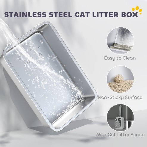 PawHut Stainless Steel Litter Box, Extra Large Enclosed Cat Litter Tray with Scoop, Top Entrance, Non-slip Pads, Easy to Clean & Never Absorbs Odors, Dark Grey