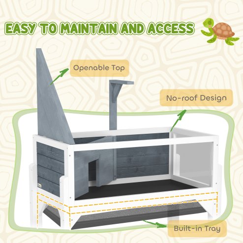 PawHut Wooden Tortoise House with Storage Shelf, Tortoise Enclosure Habitat with Clear Windows, Lamp Holder, Openable Top, Built-in Tray, for Indoor Use, Grey