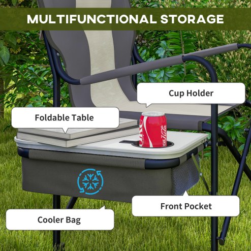 Outsunny Aluminium Directors Chair, Folding Camping Chair for Adults with Side Table, Cup Holder, Cooler Bag and Pocket, Up to 120 kg, Grey
