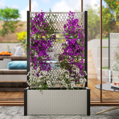 Outsunny Garden Planter Box with Trellis, Liner, Rattan Raised Bed, Trough Planter with Topped Trellis for Climbing Plants, Vegetables, Flowers, 90 x 35 x 148 cm, Mixed-grey