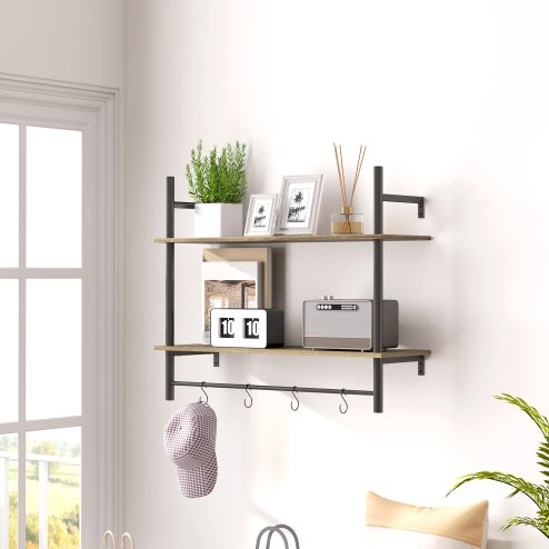 HOMCOM Floating Shelves, 80CM Wall Mounted Shelf with 4 Hooks, Rustic Wood Display Shelf for Living Room, Entryway, Bedroom, Grey