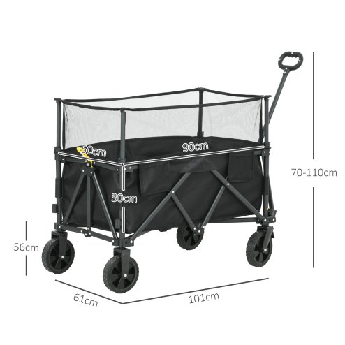 Outsunny 180L Festival Trolley on Wheels, Folding Camping Trolley Cart with Extendable Side Walls and Telescopic Handle, for Garden Beach Fishing, Black