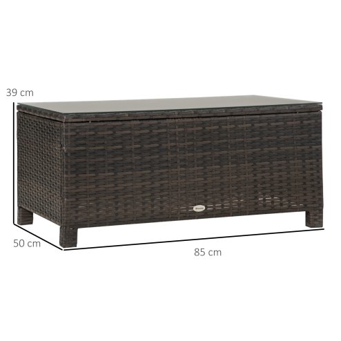 Outsunny PE Rattan Coffee Table, Rectangular Outdoor Coffee Table with Tempered Glass Top, 70 KG Capacity for Garden, Balcony, Terrace, Patio, Mixed Brown