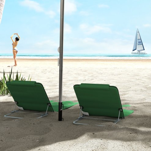Outsunny Set of 2 Foldable Garden Beach Chair Mat Lightweight Outdoor Sun Lounger Seats Adjustable Back Metal Frame PE Fabric Head Pillow w/ Carry Bag, Green