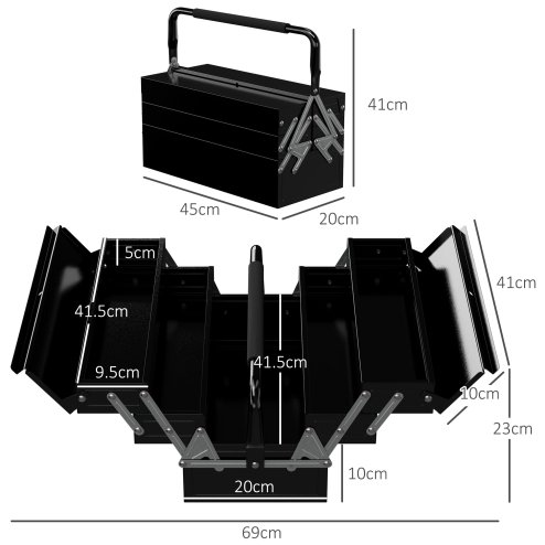 DURHAND Metal Tool Box 3 Tier 5 Tray Professional Portable Storage Cabinet Workshop Cantilever Toolbox with Carry Handle, 45cmx20cmx34.5cm, Black