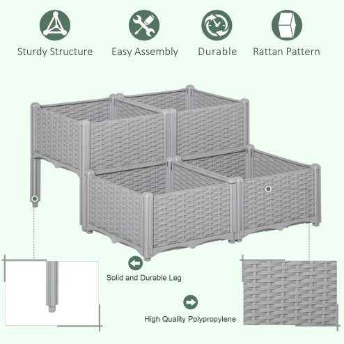 Outsunny Set of 4 26L Garden Raised Bed Elevated Patio Flower Plant Planter Box PP Vegetables Planting Container, Grey