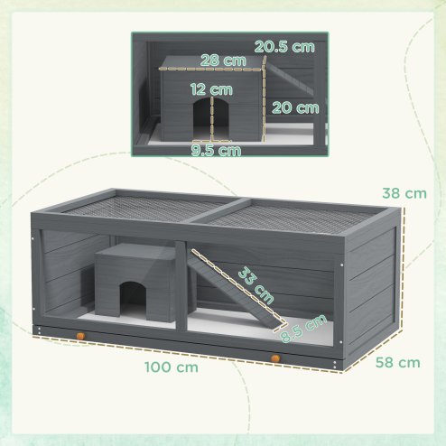 PawHut Wooden Hamster Cage, Small Animal Cage with Sliding Tray, Openable Top, Hut, Exercise Play House for Syrian Hamsters, Grey