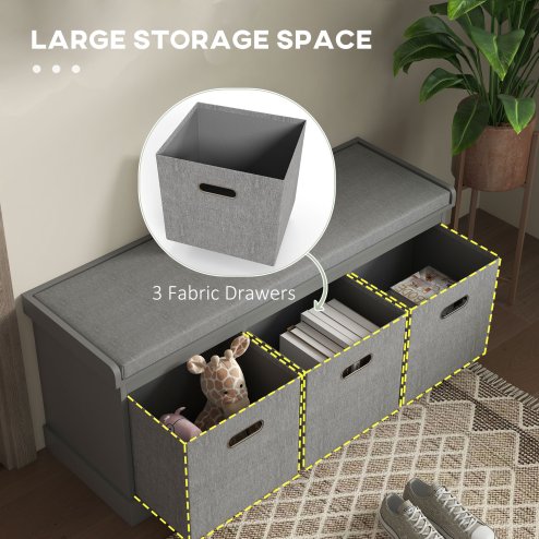 HOMCOM Shoe Bench with 3 Fabric Baskets, Shoe Storage Bench with Seat Cushion, Shoe Cabinet for Entryway, Hallway, Living Room, Bedroom