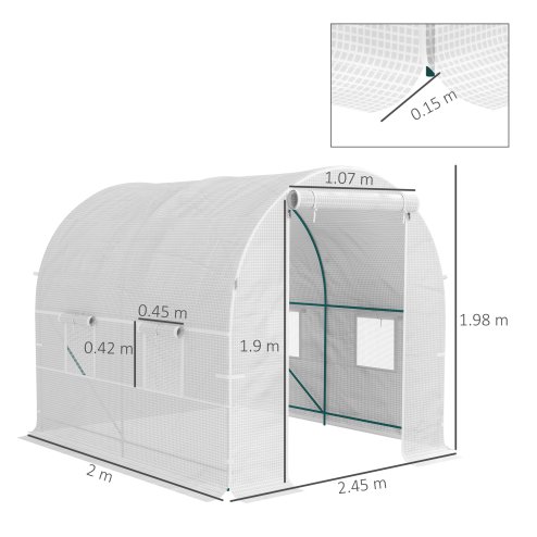 Outsunny Reinforced Walk In Polytunnel Greenhouse with Roll Up Door, Galvanised Steel Frame and Zipped Door Windows (2 x 2.5m), White