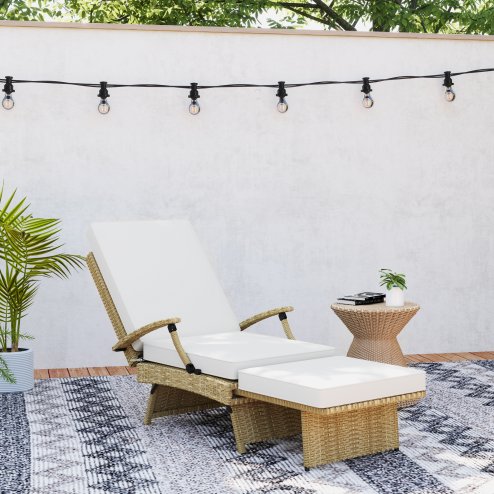 Outsunny Outdoor PE Rattan Recliner Chair with Cushion, Foldable Design Garden Recliner Chair with Retractable Footrest and Adjustable Back with 80 degree Recline, Beige