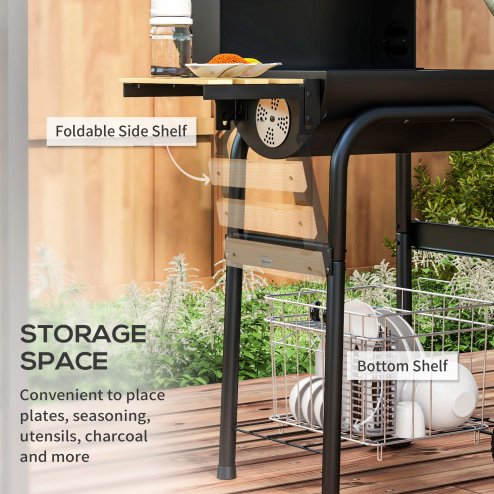 Outsunny Charcoal Barbecue Grill with Shelves, Portable BBQ Trolley Smoker with Wheels, Lid, Thermometer, Chimney for Outdoor Garden Party Cooking, Black