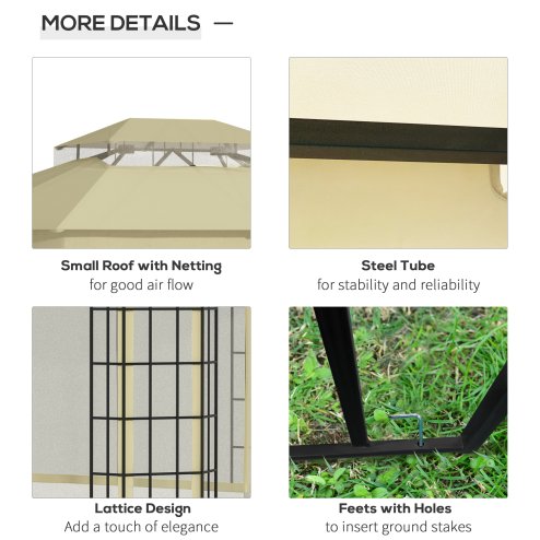 Outsunny 3.7 x 3(m) Patio Gazebo Canopy Garden Tent Shelter with 2 Tiers Roof and Mosquito Netting, Metal Frame, Beige