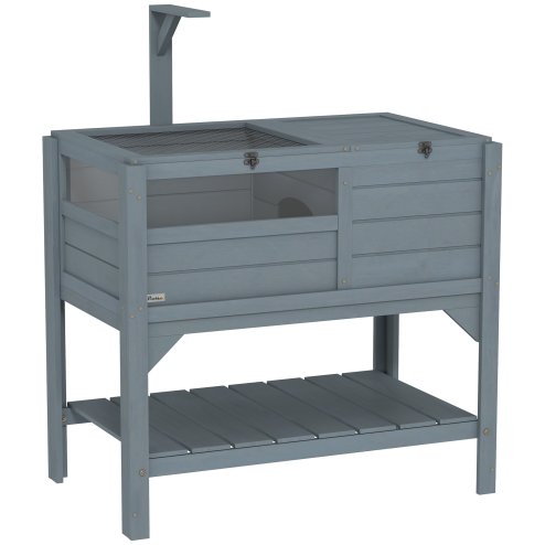 PawHut Tortoise House w/ Shelf, Small Pet Reptile Wooden House w/ Hide Shelter Den and Run, Lamp Holder, Tray, for Indoors, Outdoors - Grey