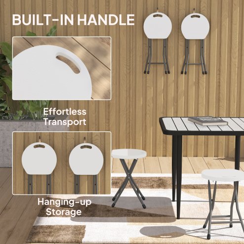 Outsunny Folding Stool Set of 4, Decorative Garden Stool Chair with Safety Latch, Foldable Garden Stools with Powder-Coated Steel Legs HDPE Seat and Handle for Indoor and Outdoor, White