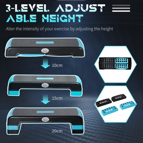 HOMCOM Aerobic Step, 10cm, 15cm & 20cm Height Adjustable Exercise Stepper for Exercise Workout, Nonslip Step Board Great for Home & Office, Black and Blue
