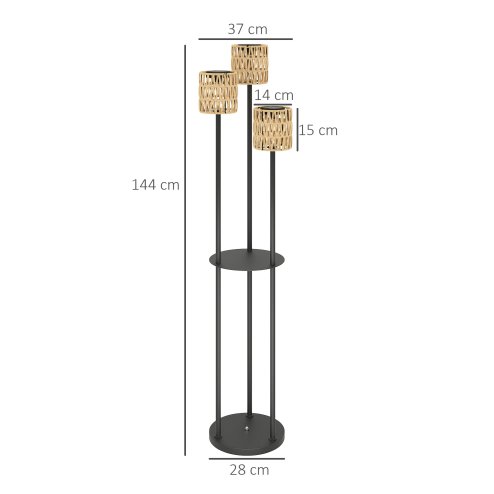 Outsunny Boho Rattan Floor Lamp, 3-Lights Rattan Lamp with Shelf, Freestanding Solar Garden Light with Auto On/Off Lights, IP44 Waterproof for Porch, Pathway, Deck, Yellow