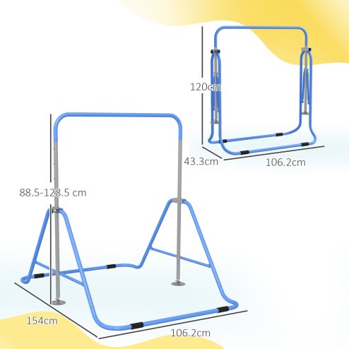 HOMCOM Kids Gymnastic Bar, Foldable Horizontal Bars w/ Adjustable Height, Training Bar w/ Triangle Base - Blue