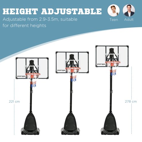 SPORTNOW Basketball Hoop Outdoor, Height Adjustable Basketball Hoop and Stand with Weighted Base, Portable on Wheels, 2.4-2.9m, Black