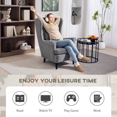 HOMCOM Modern Accent Chair, Upholstered Wingback Armchair with High Backrest and Pillow, Velvet-Feel Fabric Reading Chair with Solid Wood Legs for Living Room, Bedroom, Home Office, Dark Grey
