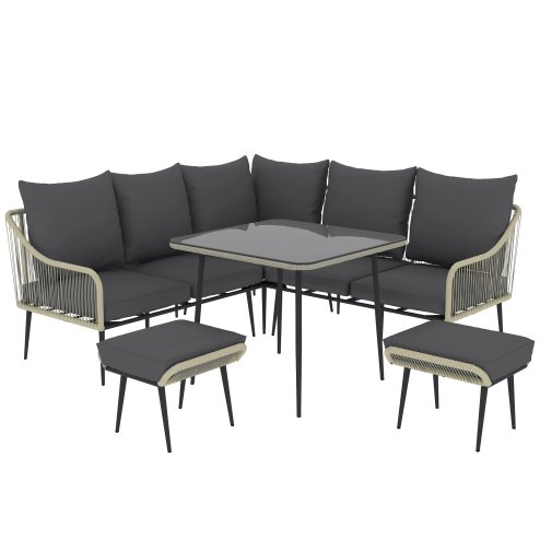 Outsunny 6 Pieces Rattan Garden Furniture Set, Garden Corner Sofa with Thickened Cushions, Outdoor Dining Set with Glass Top Dining Table, Loveseats and Footstools for Conservatory, Light Grey