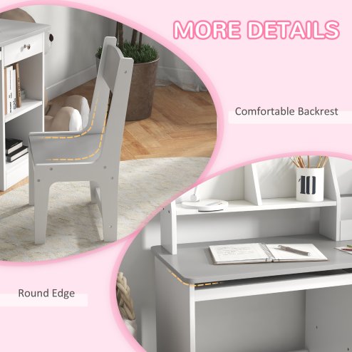 ZONEKIZ Kids Desk and Chair Set with Storage, for Ages 5-8 Years, 2 Piece Children Table and Chair Set with Keyboard Drawer, Grey