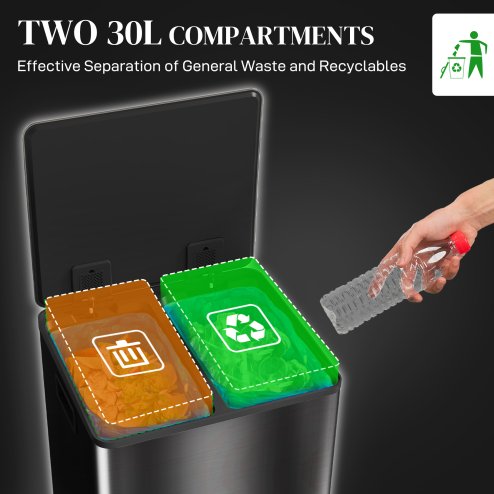 HOMCOM Dual Kitchen Bin, 2 x 30L Stainless Steel Double Pedal Bin with Soft-Close Lid, Removable Inner Buckets and Handles for Recycling and Waste