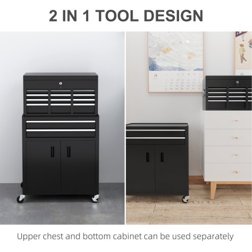 HOMCOM Tool Chest, Metal Tool Cabinet on Wheels with 6 Drawers, Pegboard, Top Chest and Roller Cabinet Combo, 61.6 x 33 x 108cm, Black