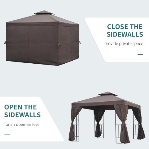 Outsunny 3 x 3 m Garden Gazebo Double-Roof Marquee Patio Wedding Party Tent Canopy Shelter with Sidewalls (Brown)