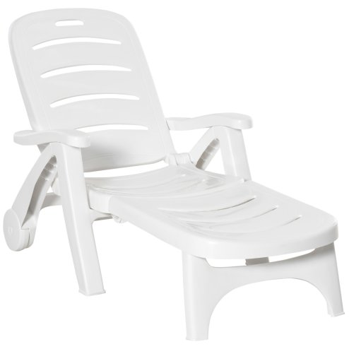 Outsunny Folding Sun Lounger with Wheels, 5-Position Adjustable Outdoor Deck Chair Furniture, Garden Beach Patio Pool Lounger Recliner Seat, White