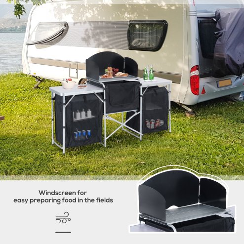 Outsunny Portable Camping Kitchen with Aluminium Frame, Fold-Up Cooking Table With Windscreen and 3 Enclosed Cupboards for BBQ, Party, Picnic, Black