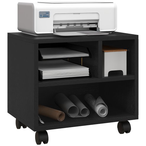 HOMCOM 2-Tier Printer Stand with Storage, Under Desk Printer Cart on Wheels with 3 Compartments, Desktop Printer Table for Home Office, Black