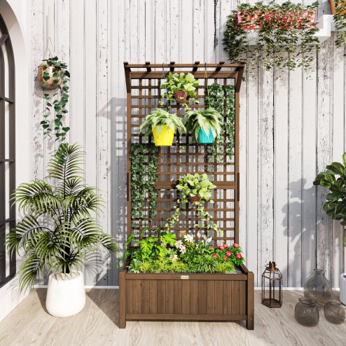 Outsunny Wood Planter with Trellis for Climbing Plants, Raised Bed, Planter Box with Drainage Holes to Grow Vegetables, Herbs and Flowers for Garden, Patio, Yard, Brown