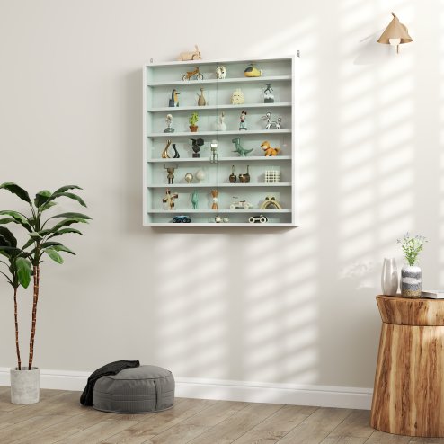 HOMCOM 7-Tier Wall Mounted Display Cabinet, Display Case with 6 Adjustable Shelves, Glass Doors for Home Office Ornaments 83x80cm, White