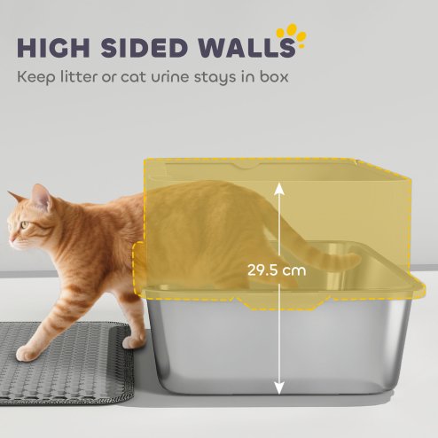 PawHut Stainless Steel Litter Box, High Sided Cat Litter Tray with Metal Scoop, Mat, Never Absorbs Odors, Anti Leakage & Easy to Clean, Pet Toilet for Big Cats, Grey