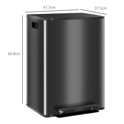 HOMCOM Dual Kitchen Bin, 2 x 30L Stainless Steel Double Pedal Bin with Soft-Close Lid, Removable Inner Buckets and Handles for Recycling and Waste