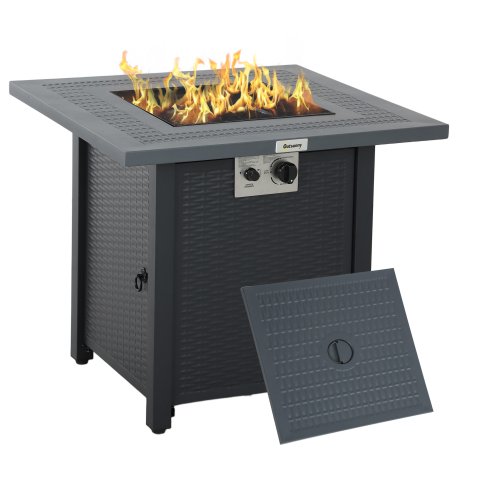 Outsunny Square Propane Gas Fire Pit Table, 40000 BTU Rattan Smokeless Firepit Patio Heater with Lava Rocks and Lid, 71cm x 71cm x 62cm, Dark Grey