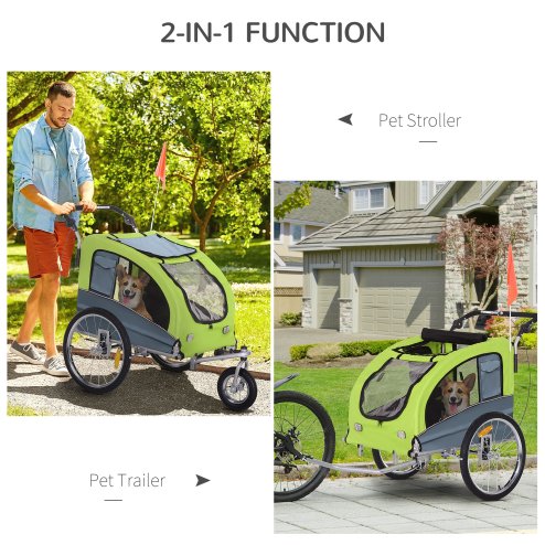 PawHut Dog Bike Trailer Pet Stroller Cart Carrier for Bicycle 360 Rotatable with Reflectors 3 Wheels Hitch Coupler Push/ Pull/ Brake Water Resistant Green